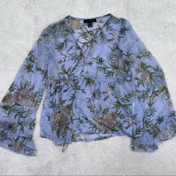 Floral Chiffon Sheer Bell Sleeve Blouse LIKE NEW - Picture 2 of 2